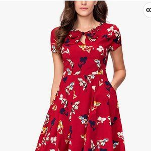 Noctflos Womens' Fit and Flare Dress, Red Floral-Multicolor, Size Large